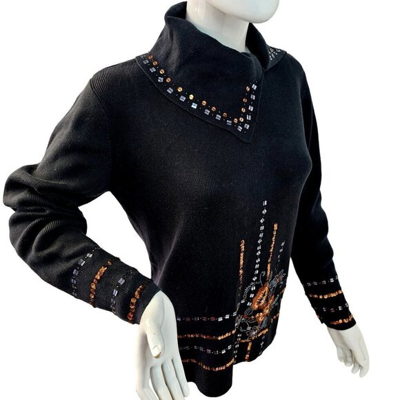 Y2K KIKIT Embellish Black Sweater Cotton Knit Bead Embroider High Collar Women M - Picture 1 of 7